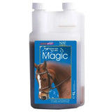 A white plastic bottle of naf five star magic liquid calmer with a blue and white label featuring a brown horse