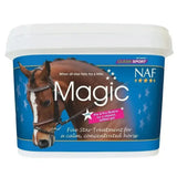 Blue and white container of naf five star magic powder calmer for calm horses five star magic treatment