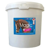 White plastic bucket of naf five star magic powder calmer with blue label and brown horse image for horse care