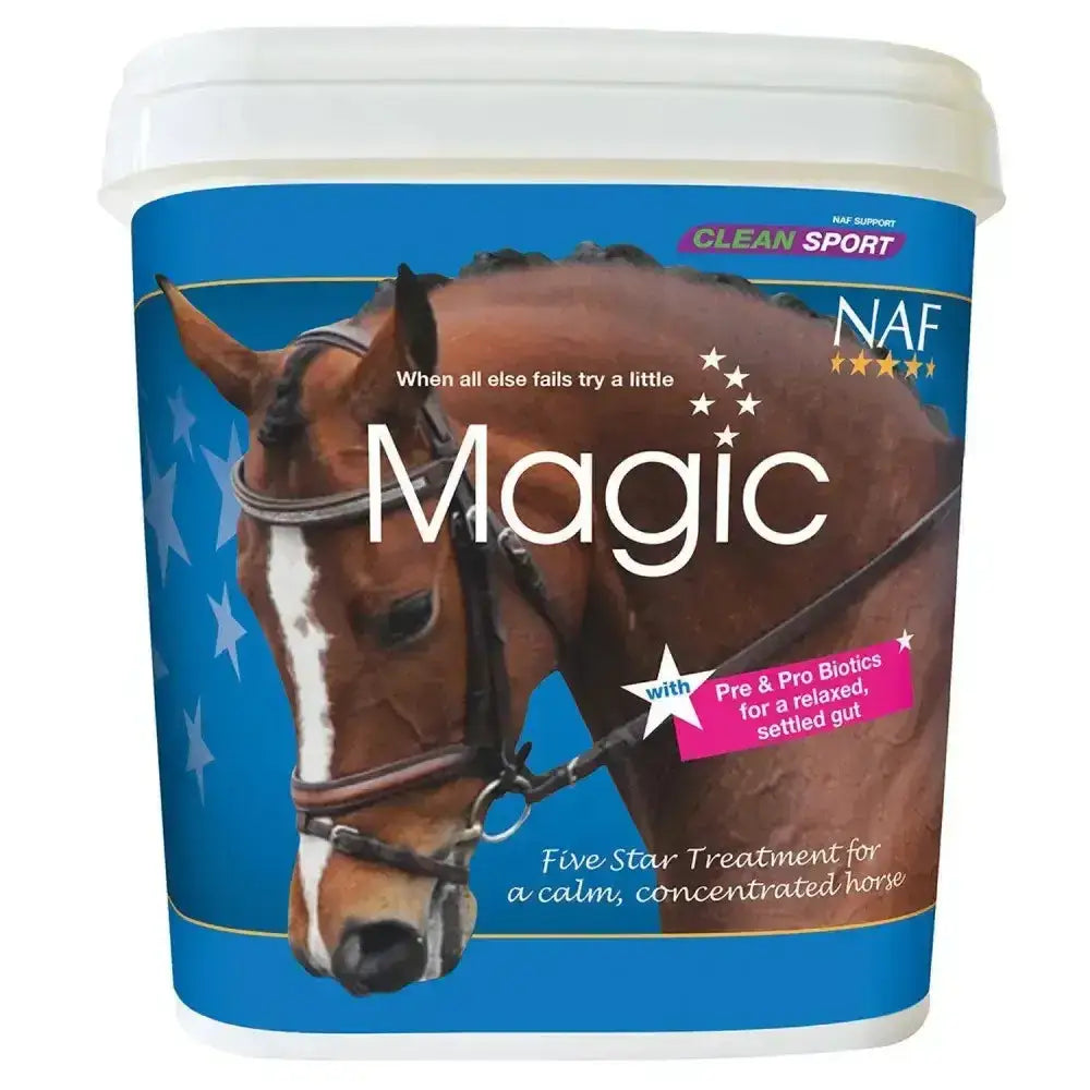Blue and white labeled bucket of naf five star magic powder calmer horse supplement for stress relief