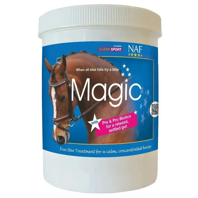 White plastic container with blue label showing a brown horse and naf five star magic powder calmer text