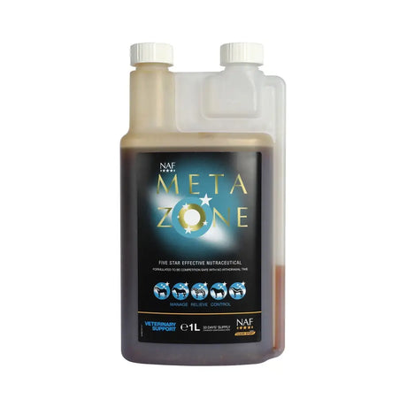 A 1 liter clear plastic bottle of naf five star metazone dark amber liquid for horse veterinary support