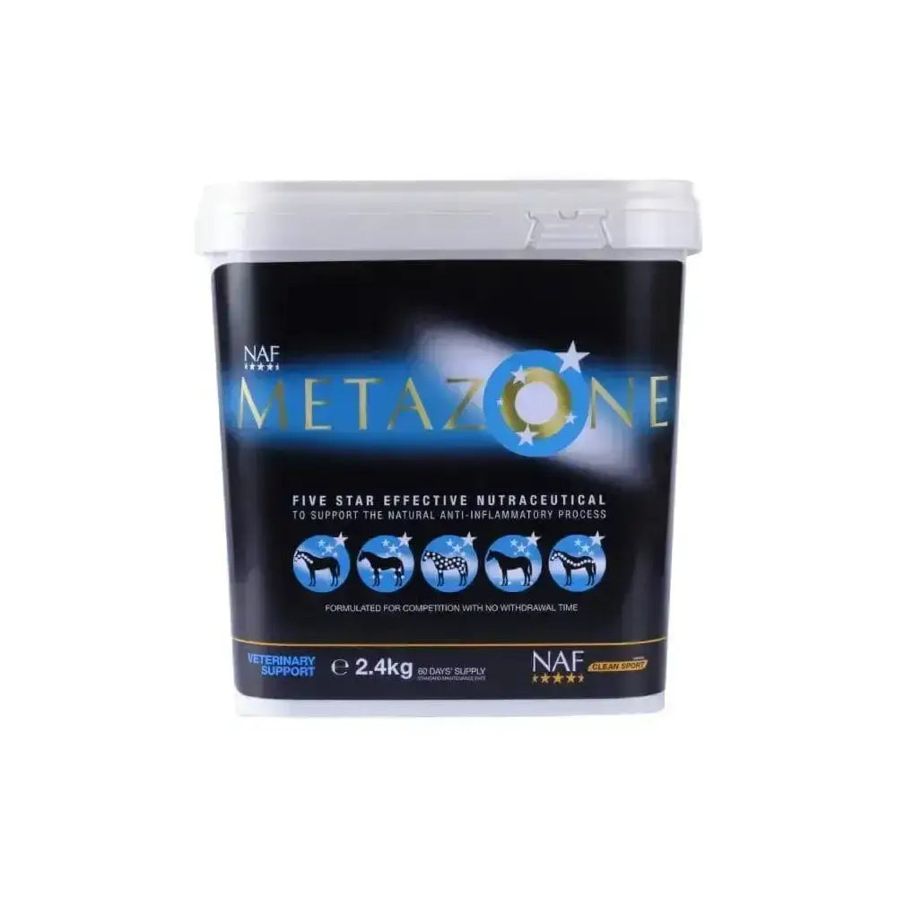 Black rectangular container with white lid for naf five star metazone powder vet supplement supporting horse inflammation