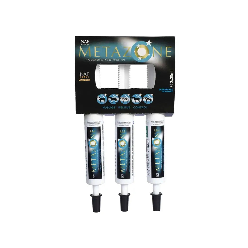 Three white naf five star metazone veterinary support tubes with black caps each 30ml star metazone syringe