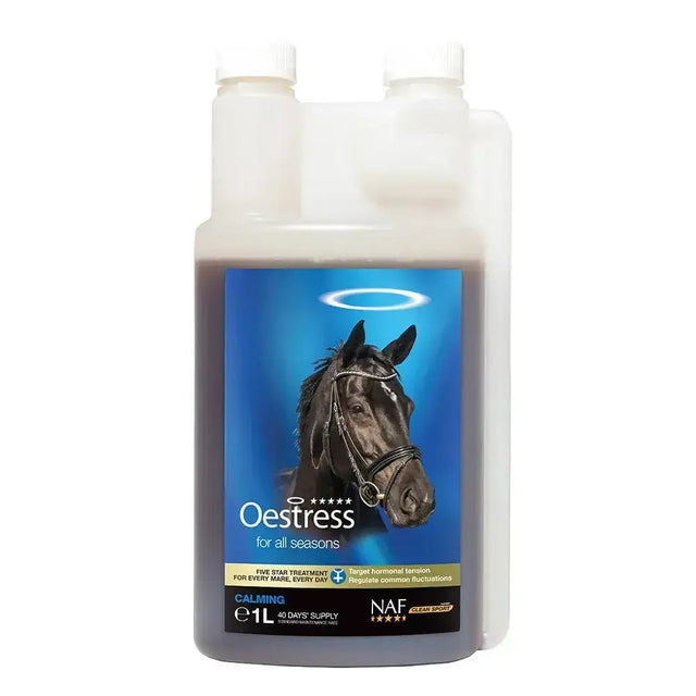 A translucent plastic bottle of five star oestress liquid with dark content and a blue black label featuring an angelic horse head