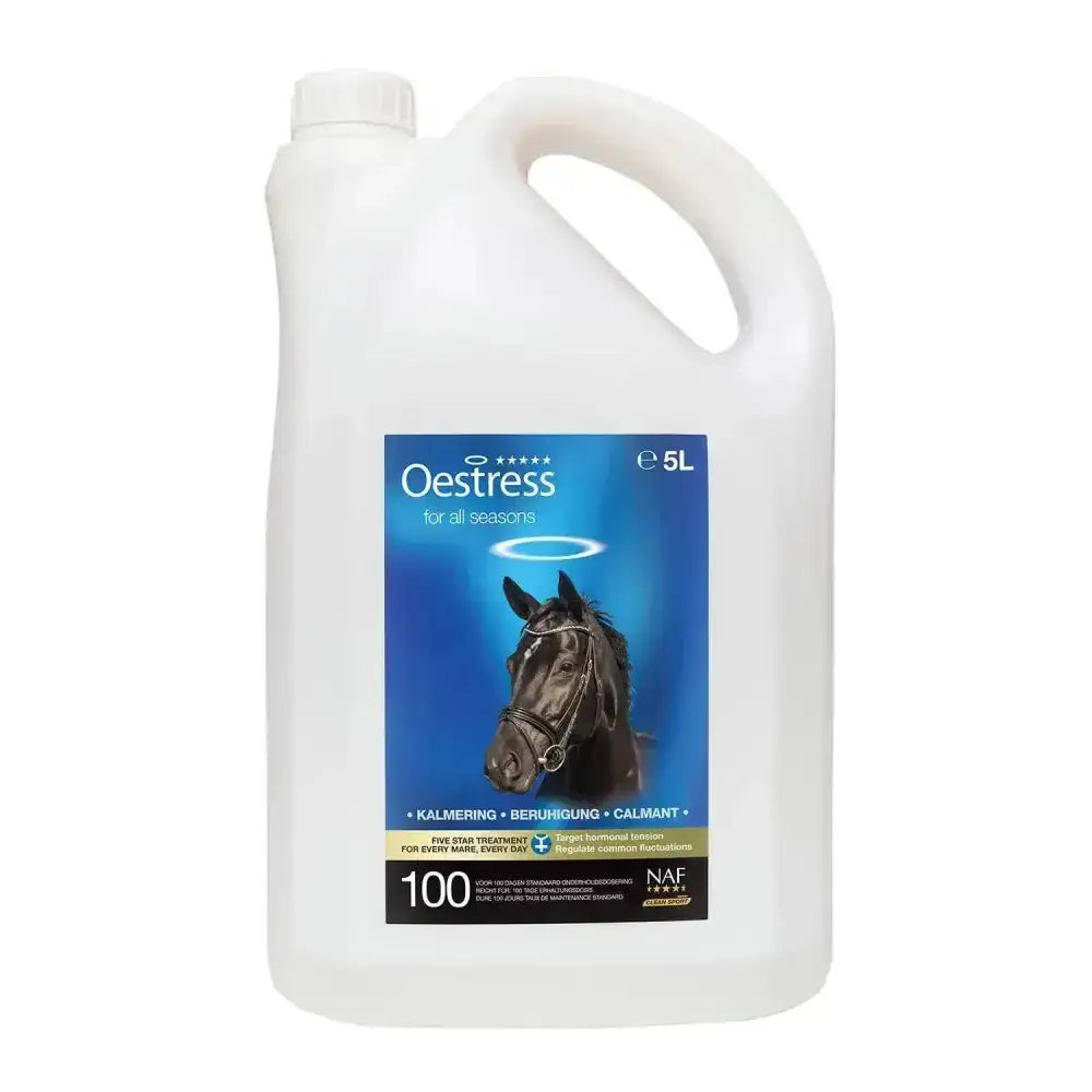 White plastic jug of naf five star oestress liquid with a blue and black horse label for all seasons