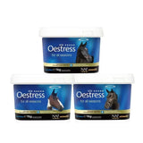 Blue and white plastic tubs of naf five star oestress star oestress powder for horse calming all seasons use