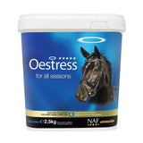 Blue and white container of naf five star oestress powder featuring a black mare with halos for all seasons use