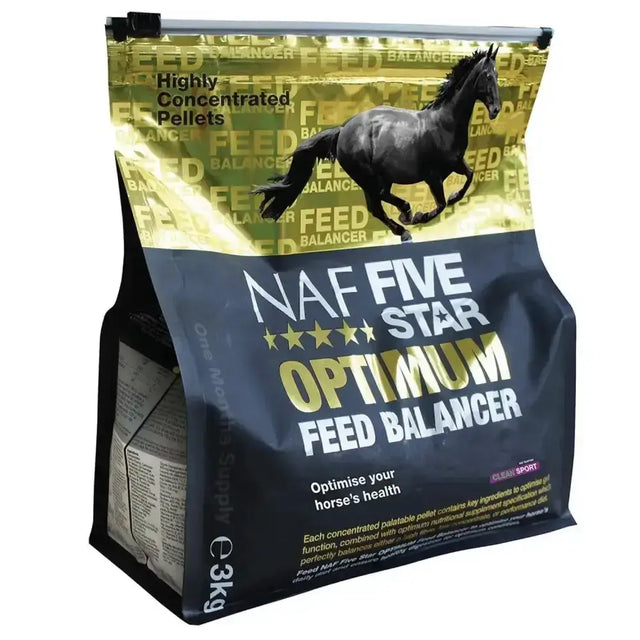 Black and gold pouch of naf five star optimum feed balancer for horses with star optimum feed formula