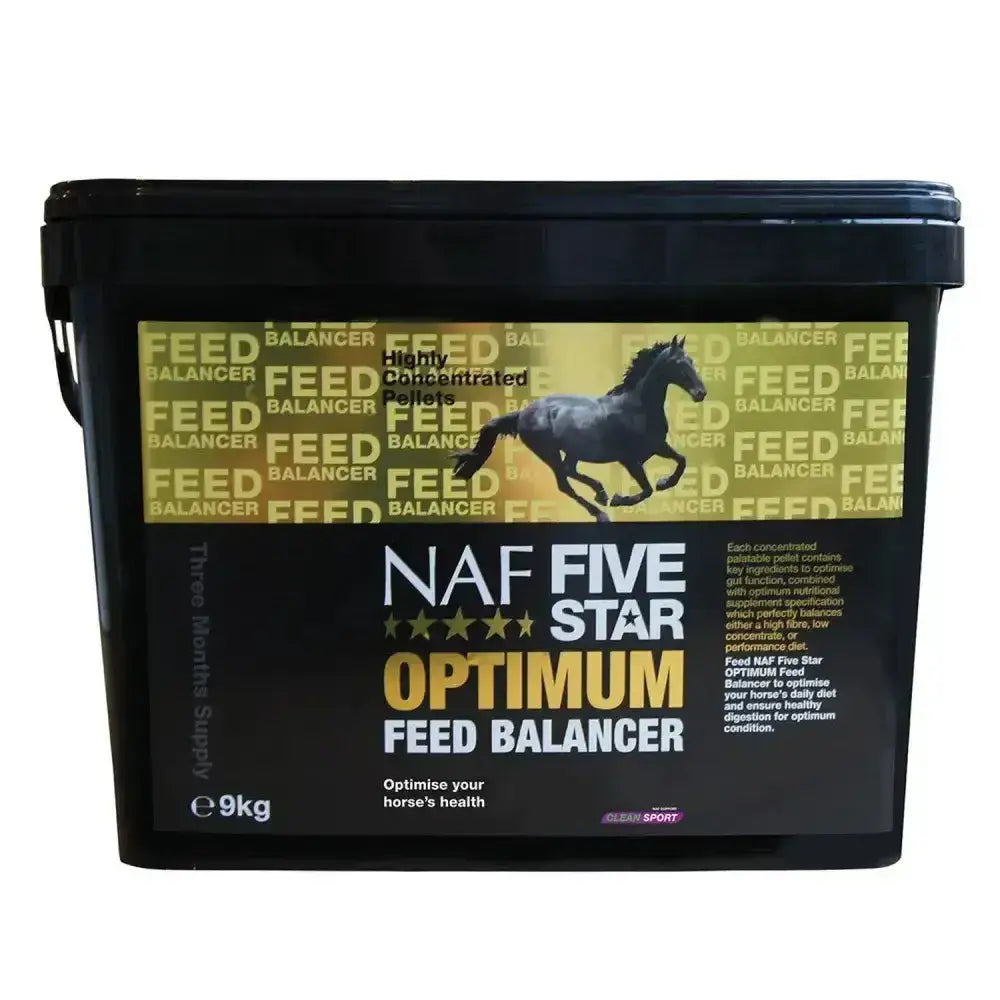 Black plastic bucket with yellow and black label showing a galloping horse for naf five star optimum feed balancer