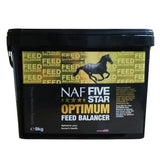 Black plastic bucket with yellow and black label showing a galloping horse for naf five star optimum feed balancer