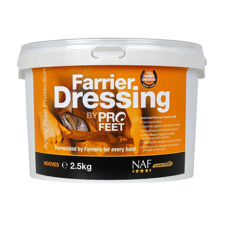 A white plastic tub of naf five star profeet farrier dressing 2.5kg for horse hooves with orange and black label
