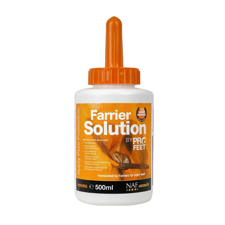Orange-tipped white plastic bottle of naf five star profeet farrier solution by pro feet for hoof care use