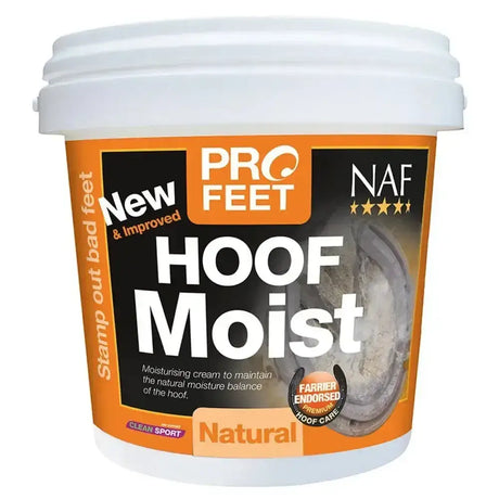 Orange and white labeled bucket of naf five star profeet hoof moist natural hoof moisturiser for horse hooves