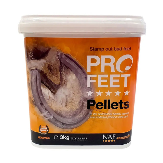 Orange and white 3kg container of naf five star profeet pellets for quality hoof growth in horses