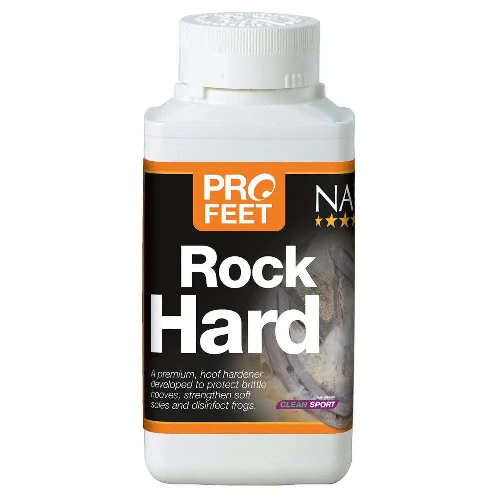 White plastic bottle of naf five star profeet premium hoof hardener with orange and black label for tough hooves