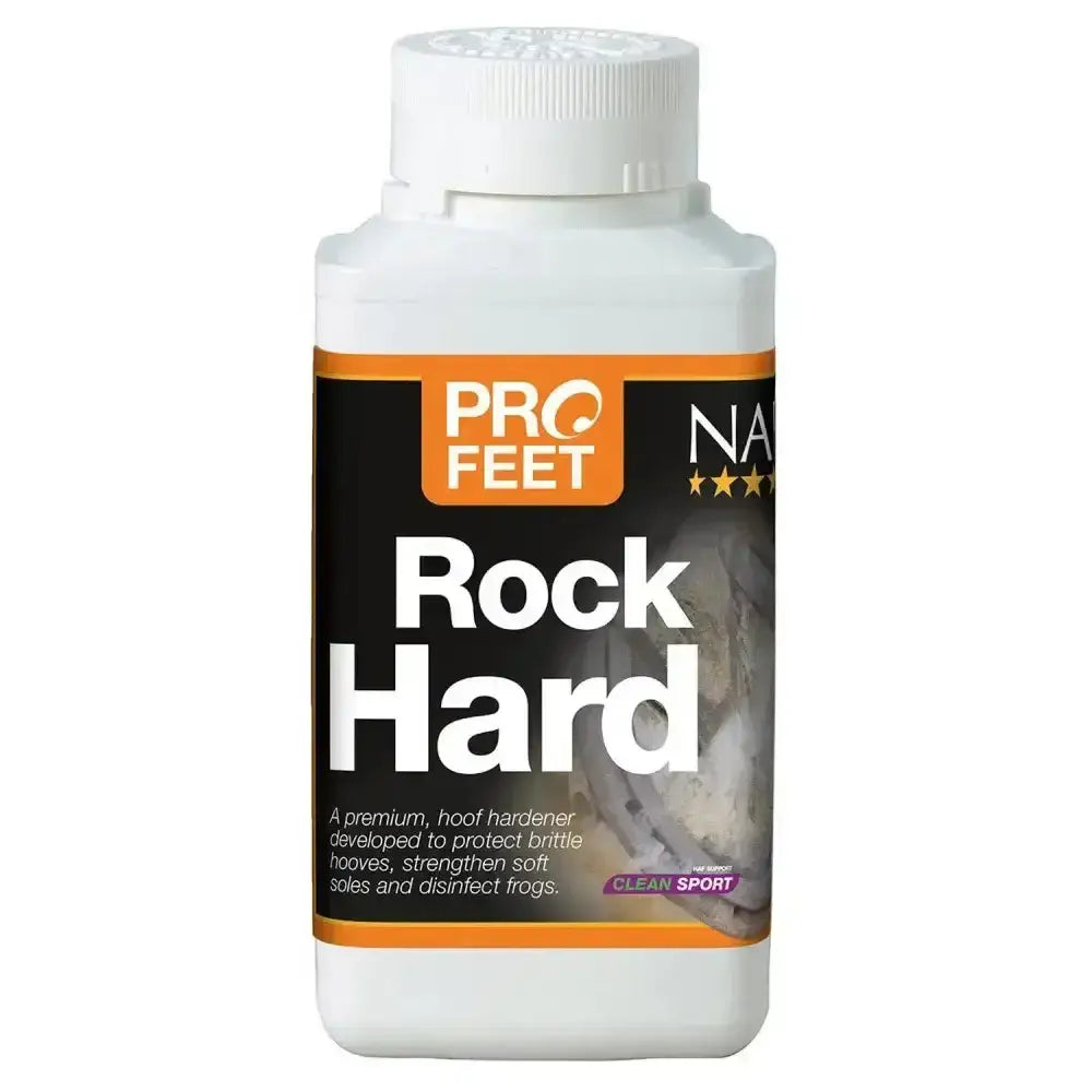 White plastic bottle of naf five star profeet premium hoof hardener with an orange and black label for strong hooves