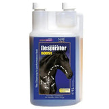 A 1-liter transparent plastic bottle of naf five star respirator boost with blue label showing a black horse and airflow arrows