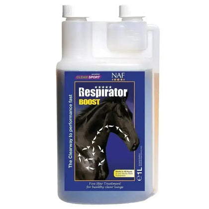 A 1-liter transparent plastic bottle of naf five star respirator boost with a blue label featuring a black horse and airflow arrows