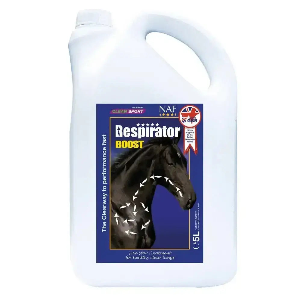White plastic jug with blue naf five star label showing black horse and respirator boost for respiratory mucosal immune support