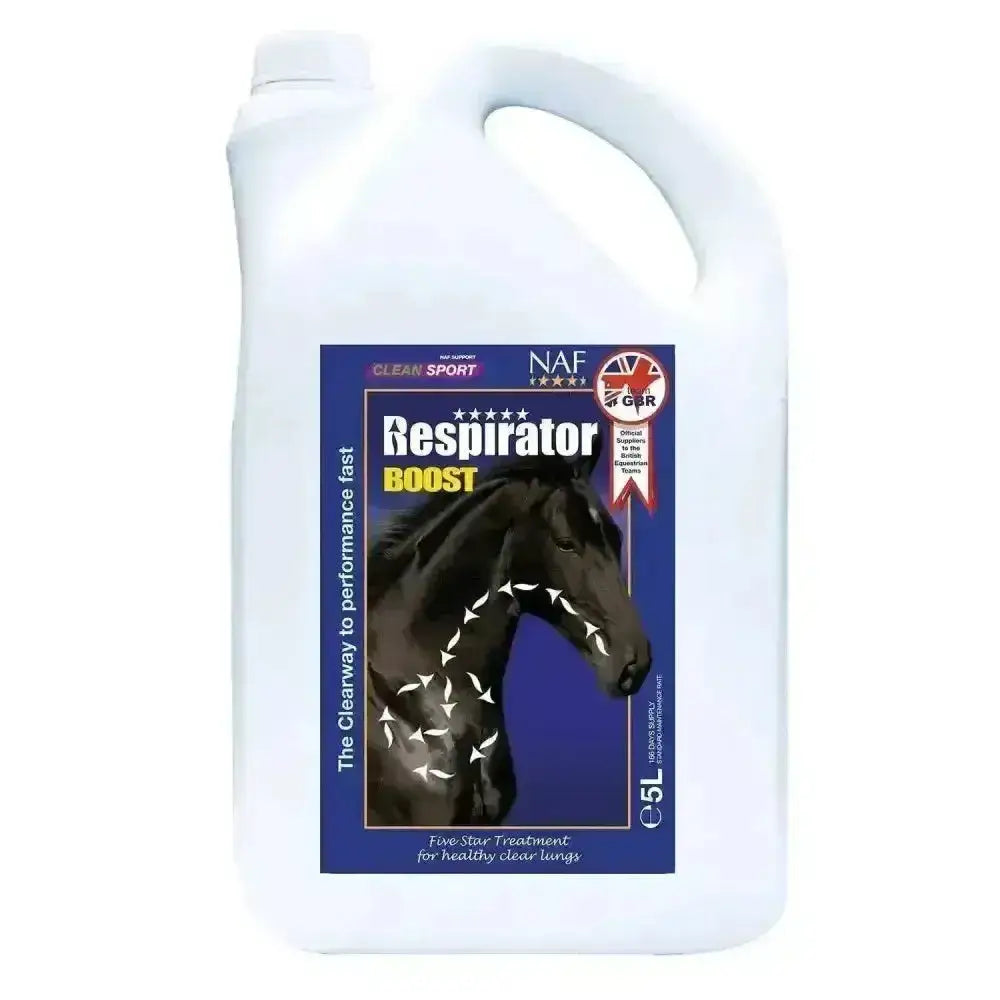 White plastic jug with blue label showing black horse and naf five star respirator boost for respiratory mucosal immune support
