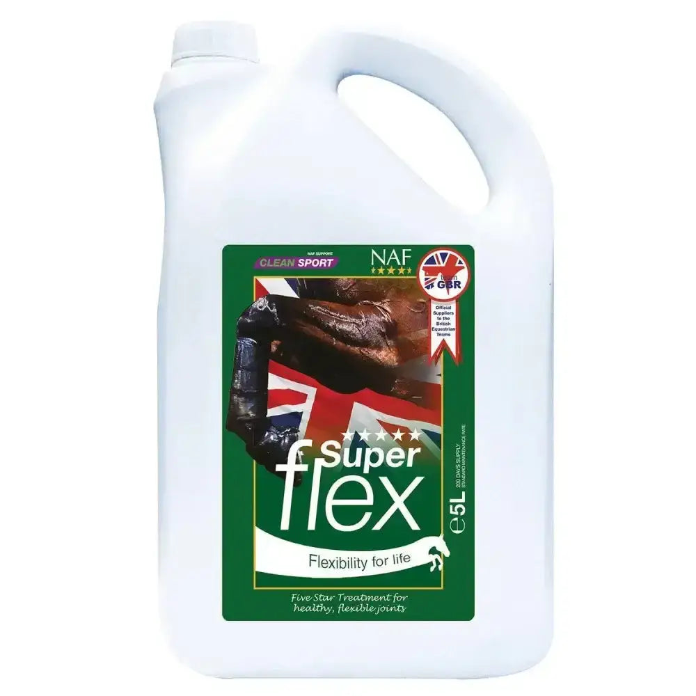 White plastic jug with green label of naf five star superflex joint treatment in scientifically balanced ratio 5 liters