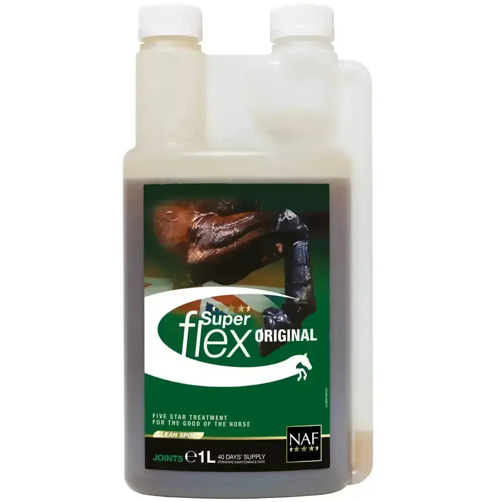 A translucent plastic bottle with white cap containing dark liquid labeled naf five star superflex original for horse joint health