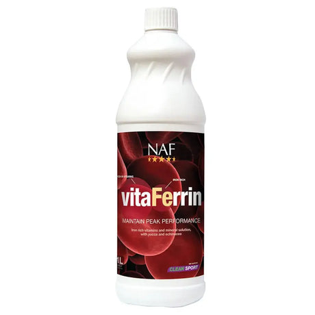 White plastic bottle with red and black naf five star vitaferrin label for effective nutritional solution to optimise horses performance