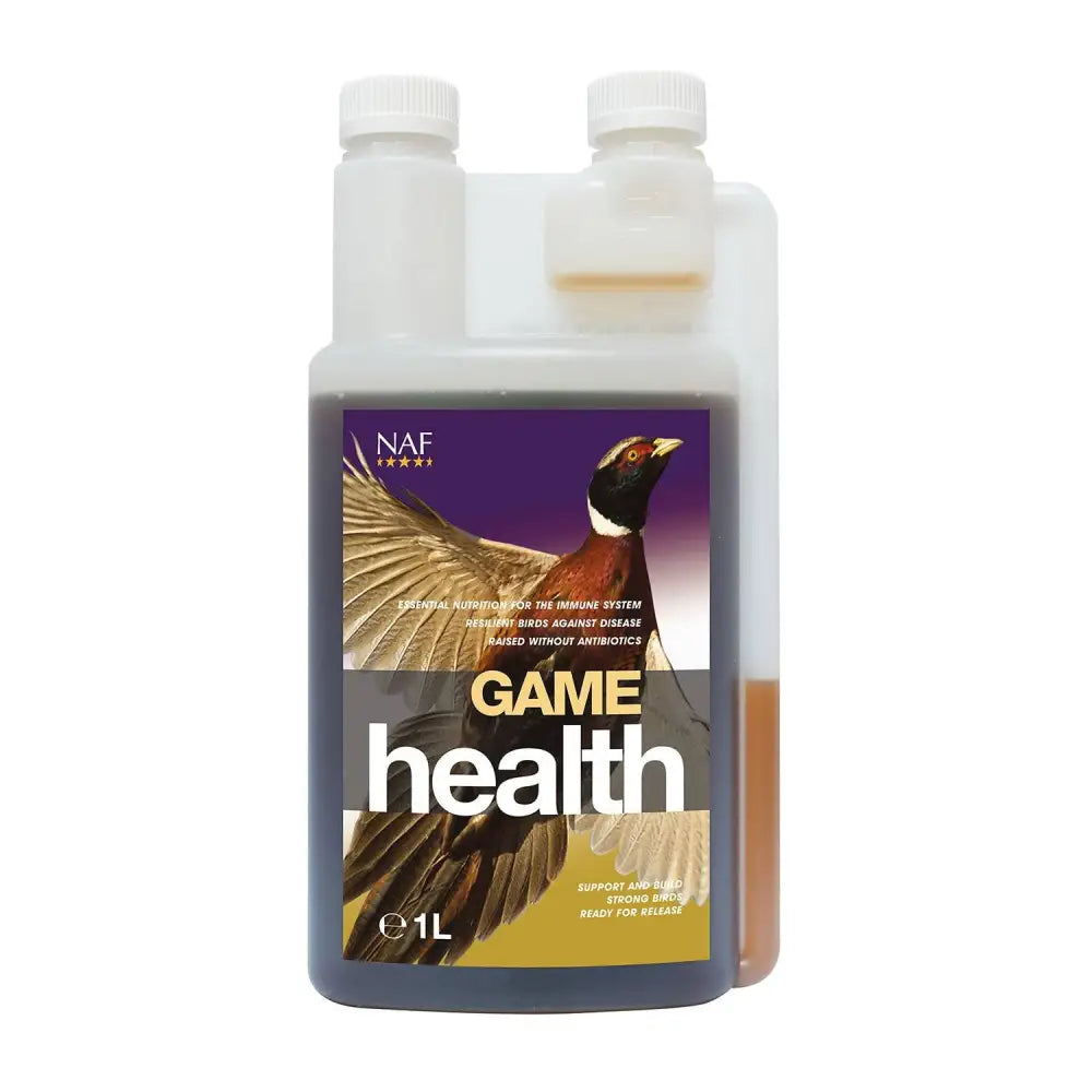 A 1 liter transparent plastic bottle of naf game health with a white cap and pheasant image for developing game birds