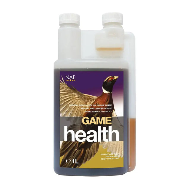 A 1 liter transparent plastic bottle of naf game health with a white cap and pheasant image for developing game birds