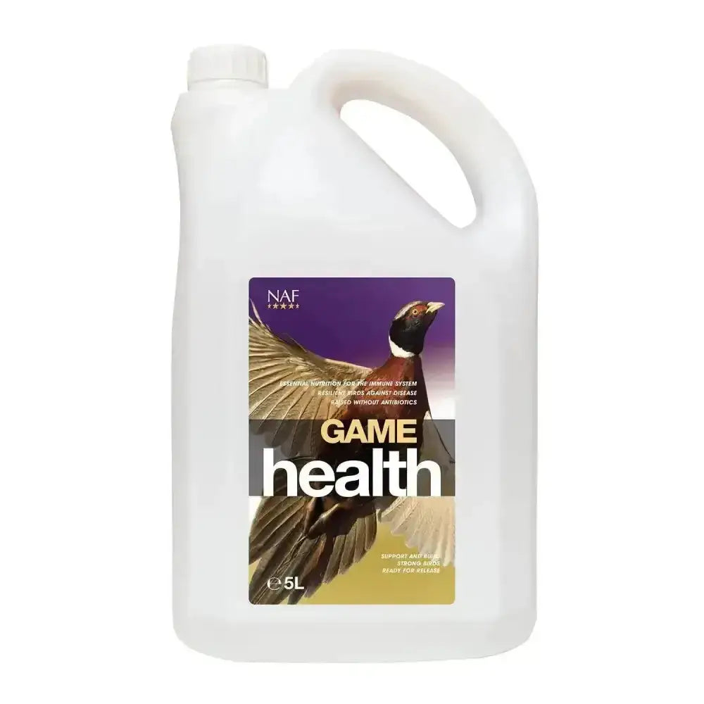 White plastic jug with handle and cap for naf game health featuring a pheasant label for developing game birds