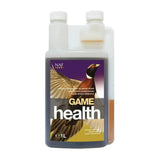 A 1-liter transparent plastic bottle of naf game health with a purple and gold label showing a pheasant for developing game birds