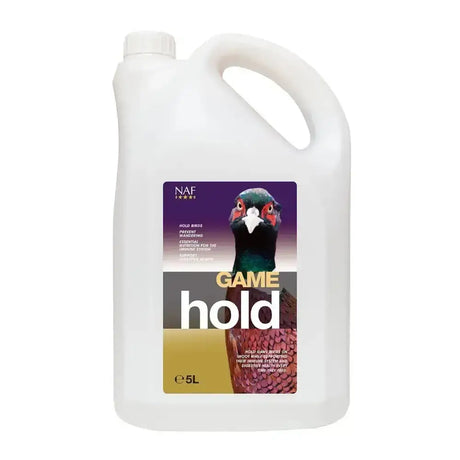 White plastic jug with handle and cap labeled naf game hold for digestive health to hold game birds like pheasants