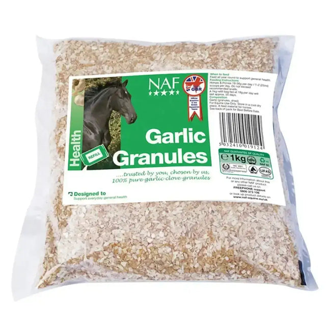 A 1kg bag of naf garlic granules with green and white label featuring a horse, an excellent natural expectorant to support lung function