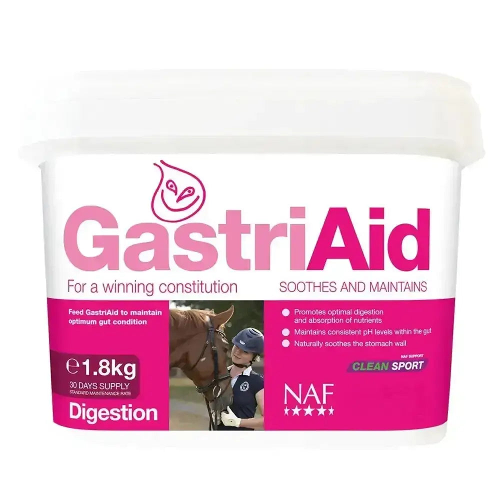 Pink and white labeled container of naf gastriAid horse feed supplement for compromised gastric health and gut balancers