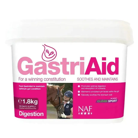 Pink and white labeled container of naf gastraid horse feed supplement for compromised gastric health and gut balancers