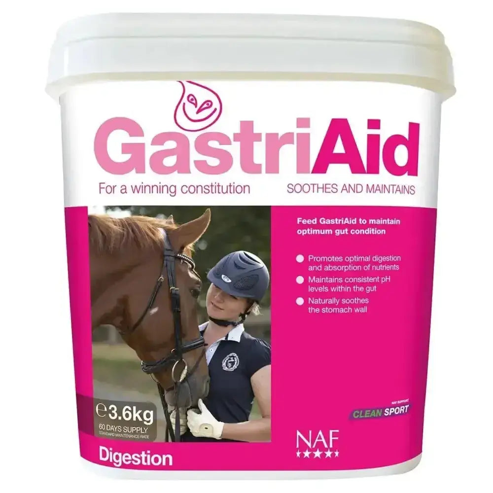 Pink and white labeled bucket of naf gastriAid horse supplement for compromised gastric health and gut balancers