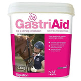 Pink and white labeled bucket of naf gastriAid horse supplement for compromised gastric health and gut balancers