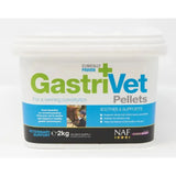 White plastic tub of naf gastrivet pellets veterinary supplement for horses with gastrivet pellets label