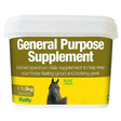 Vitality naf general purpose supplement powder in a white plastic tub with green and yellow label for horses