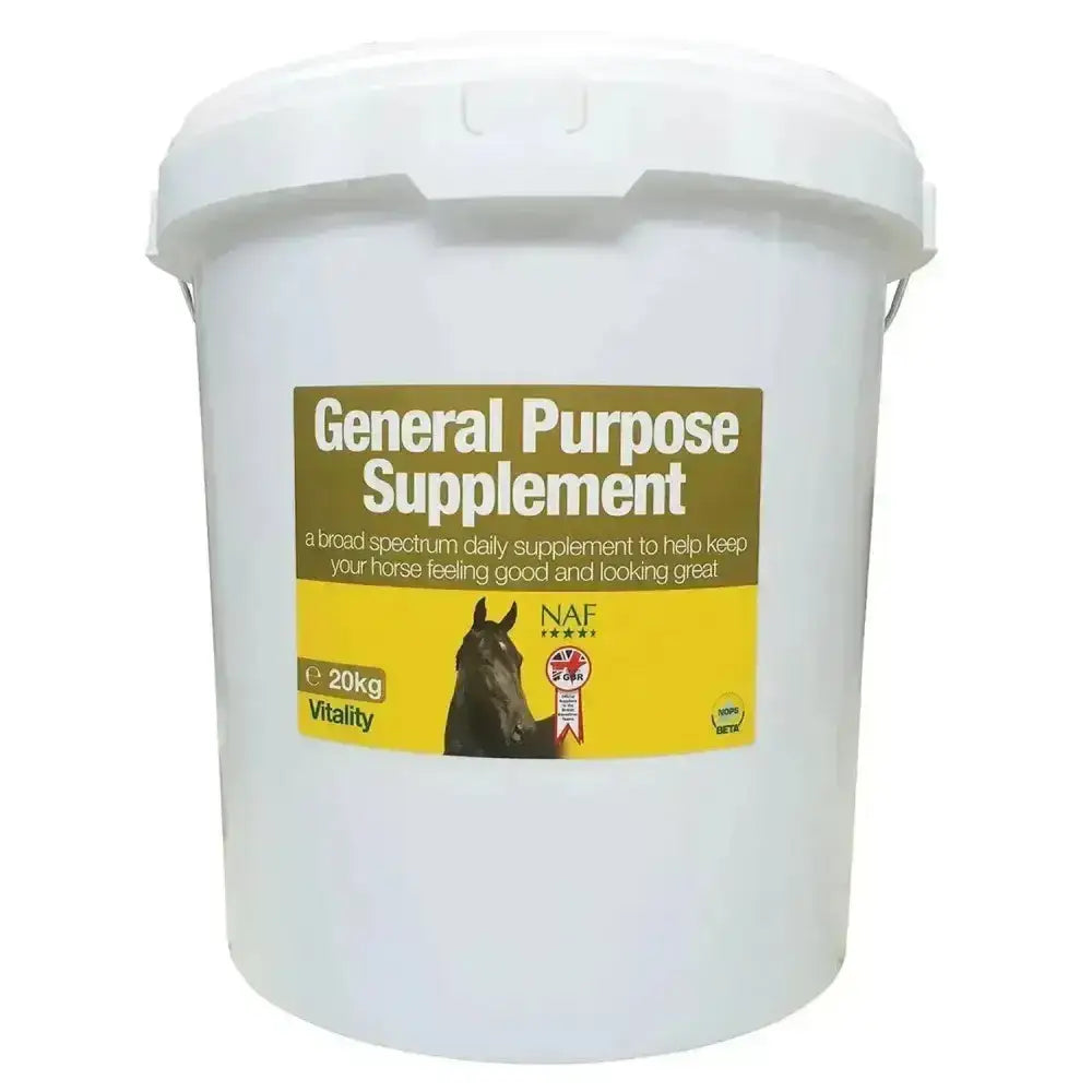 White plastic bucket of naf general purpose supplement powder with yellow brown label featuring horse image