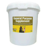 White plastic bucket of naf general purpose supplement powder with yellow brown label featuring horse image