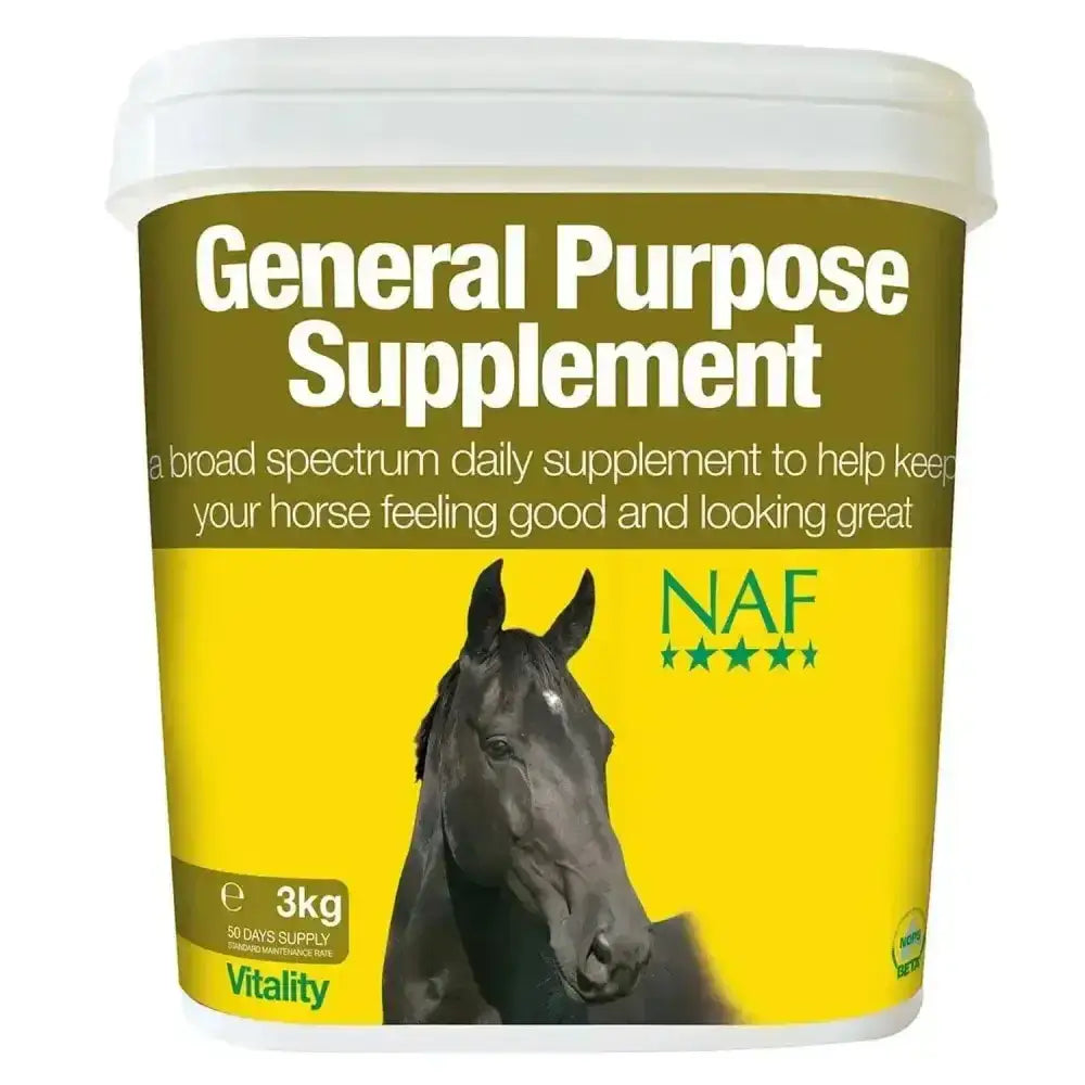 A vibrant yellow and green plastic bucket of naf general purpose supplement powder 3kg with broad spectrum vitamins