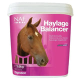 Pink cylindrical container of naf haylage balancer horse feed supplement with nutritional support formula to help horses maximise health