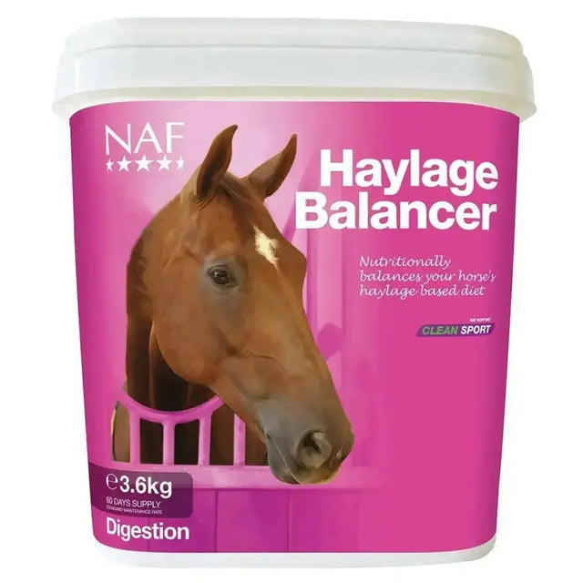 Pink cylindrical container of naf haylage balancer horse feed supplement with nutritional support formula to help horses maximise health