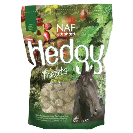 A 1kg green and white resealable bag of naf hedgy treats for small pets packed with tasty hedgy treats