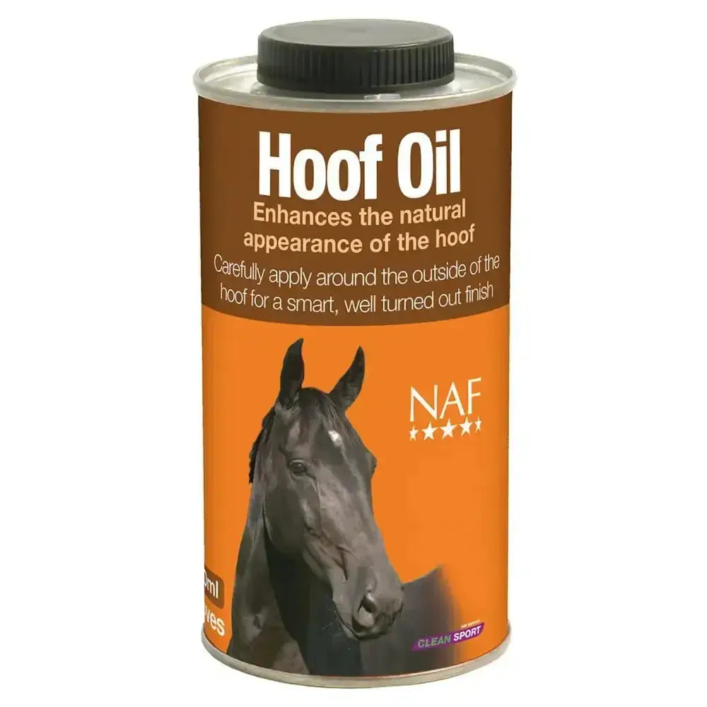 Orange and brown labeled can of naf hoof oil with a black horse image for naturally polished horse care