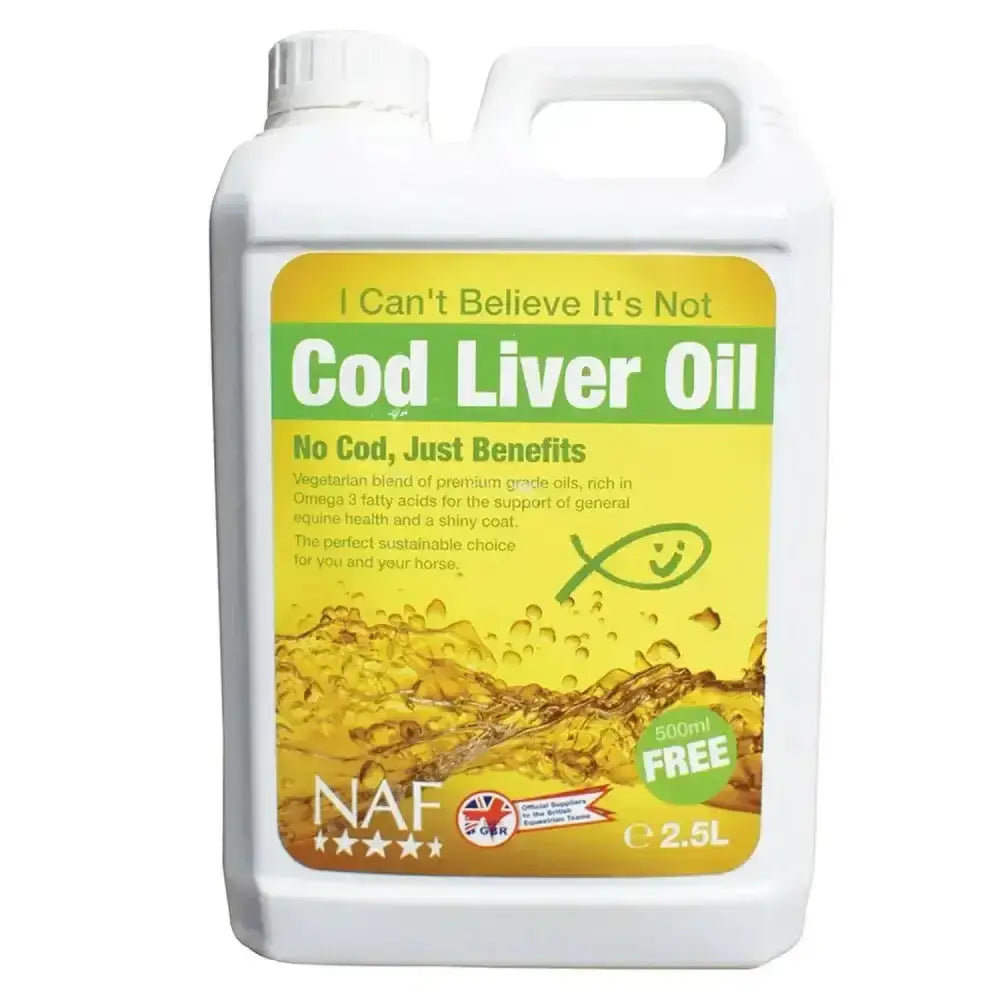 White plastic jug with handle labeled cod liver oil featuring a smiling fish from horse naf quality vegetarian oils