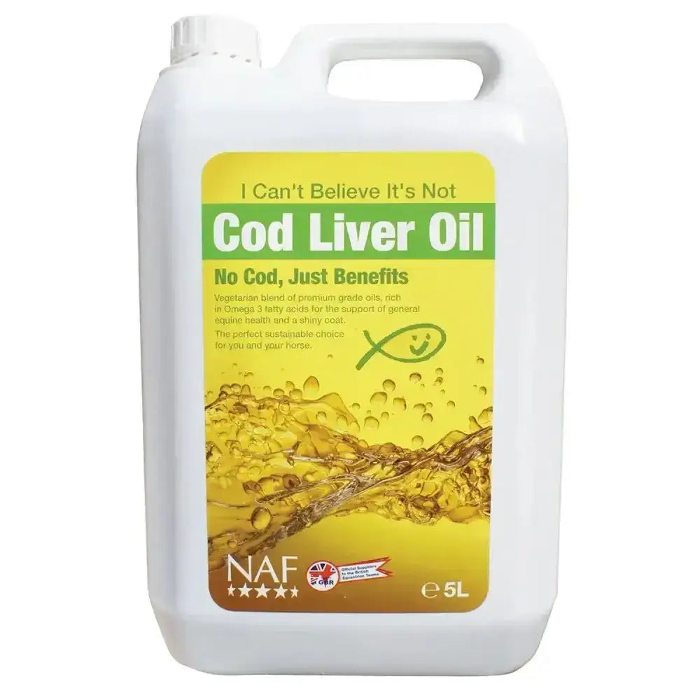 White plastic jug of naf i cant believe its not cod liver oil with yellow green label and fish oil splashes featuring quality vegetarian oils for horse naf