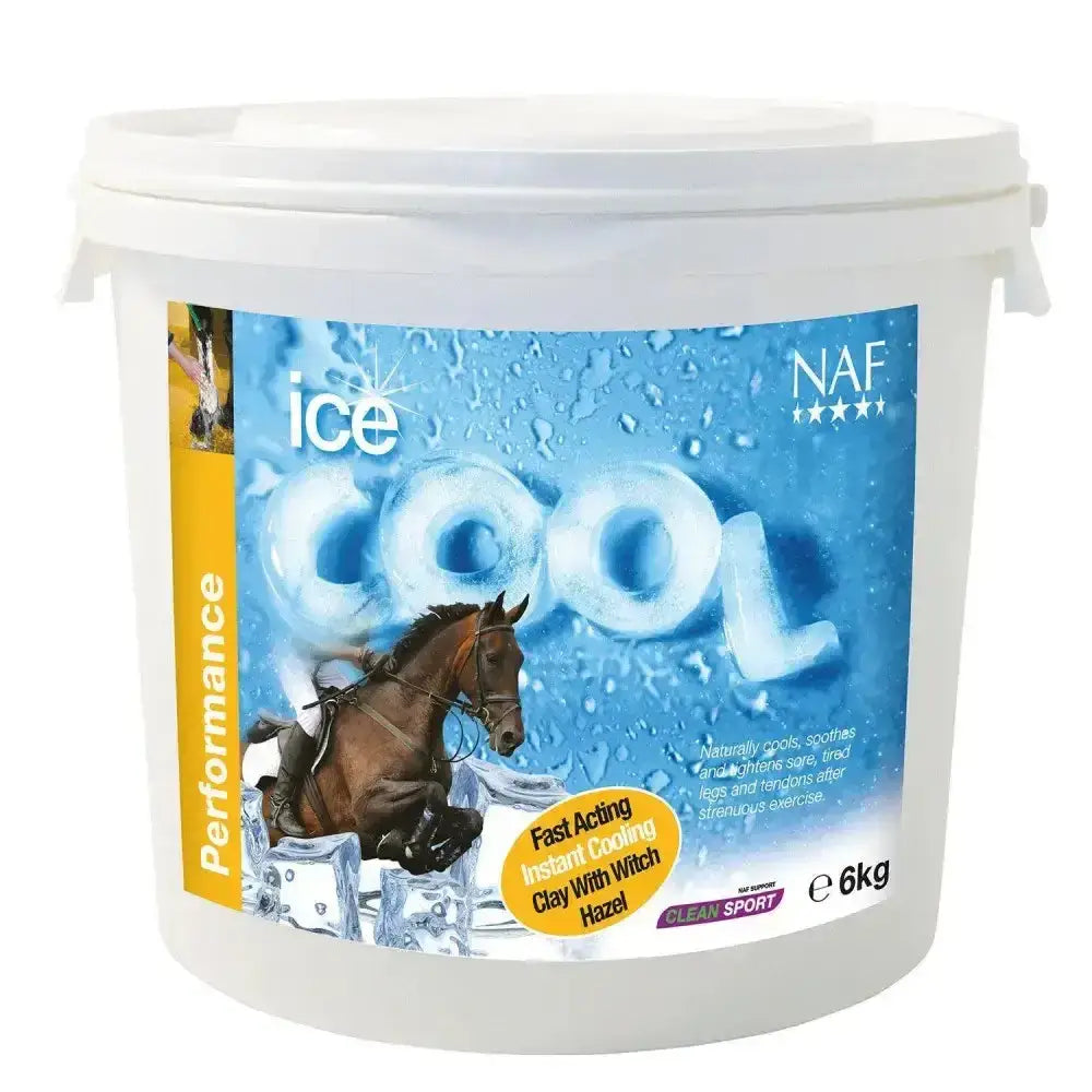 White plastic bucket of naf ice cool hour cooling clay with witch hazel for horses in icy surroundings